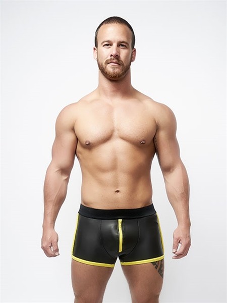 Neopren Pouch Shorts mit 3-Wege-Reißverschluss schwarz-gelb