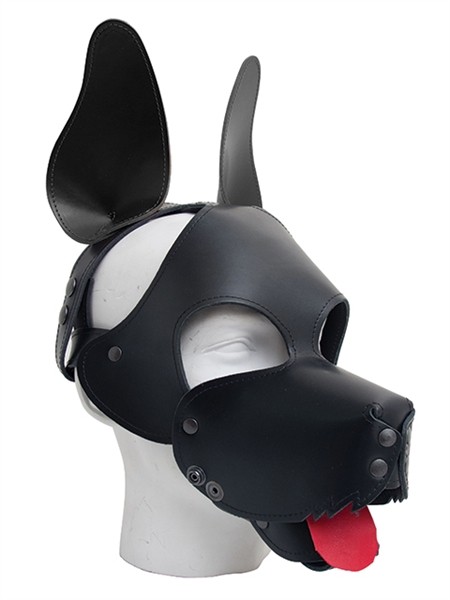 Leder Hundemaske mit aufgestellten Ohren - schwarz