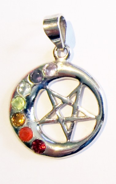 Silber-Anhänger Halbmond mit Pentagramm und Chakrasteinen