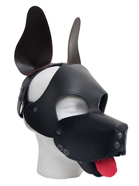 Leder Hundemaske mit aufgestellten Ohren - schwarz/braun