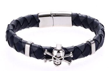 Armband 'Braided Pirate Skull' Edelstahl mit Kunstleder