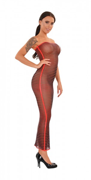 Langes Kleid transparent mit roten Latex-Streifen